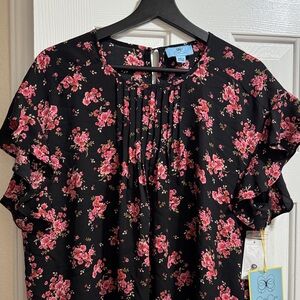 CeCe Black Blouse with Pink Floral Design